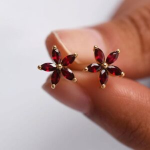 Dainty Marquise Garnet Flower Earrings: 14k Gold & Sterling Silver