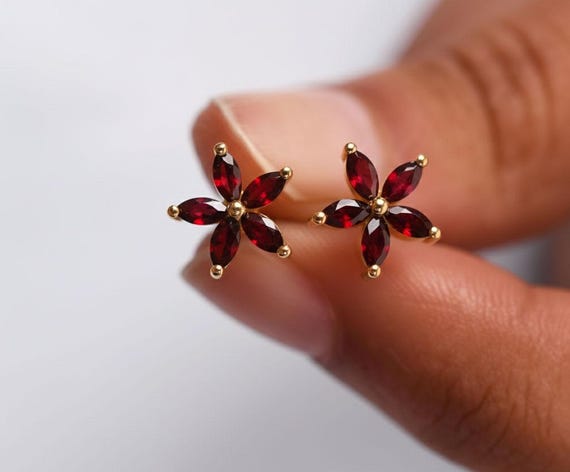 Dainty Marquise Garnet Flower Earrings: 14k Gold & Sterling Silver