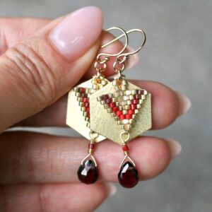 Garnet Gemstone Earrings: 14KT Gold Filled Hexagon Dangle