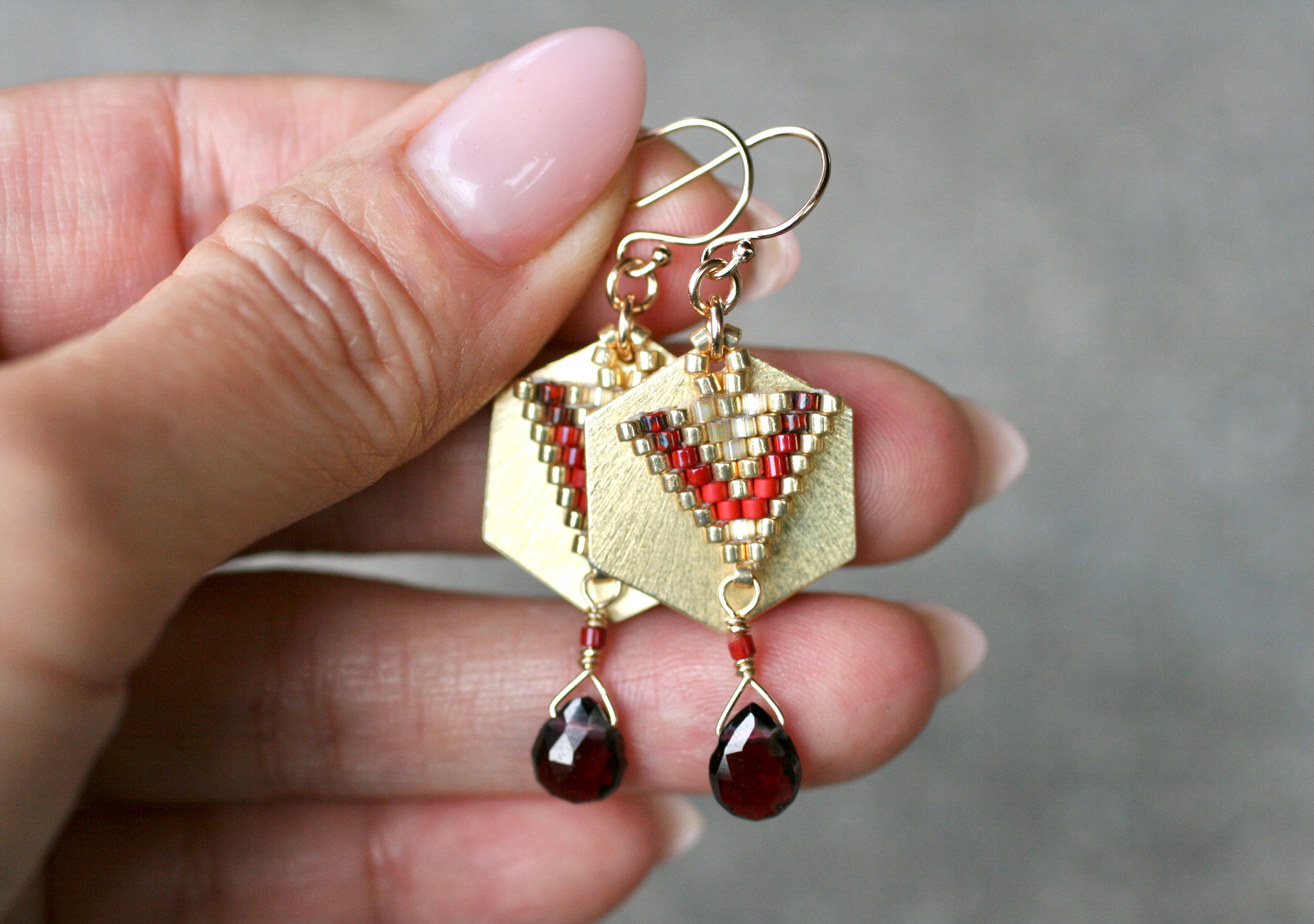 Garnet Gemstone Earrings: 14kt Gold Filled Hexagon Dangle