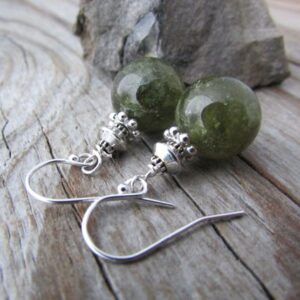 Green Garnet Earrings: Sterling Silver Dangle Earrings 12mm Round Stone