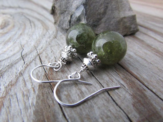 Green Garnet Earrings: Sterling Silver Dangle Earrings 12mm Round Stone