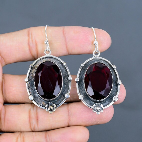 Handmade Mozambique Garnet Dangle Earrings: 925 Sterling Silver