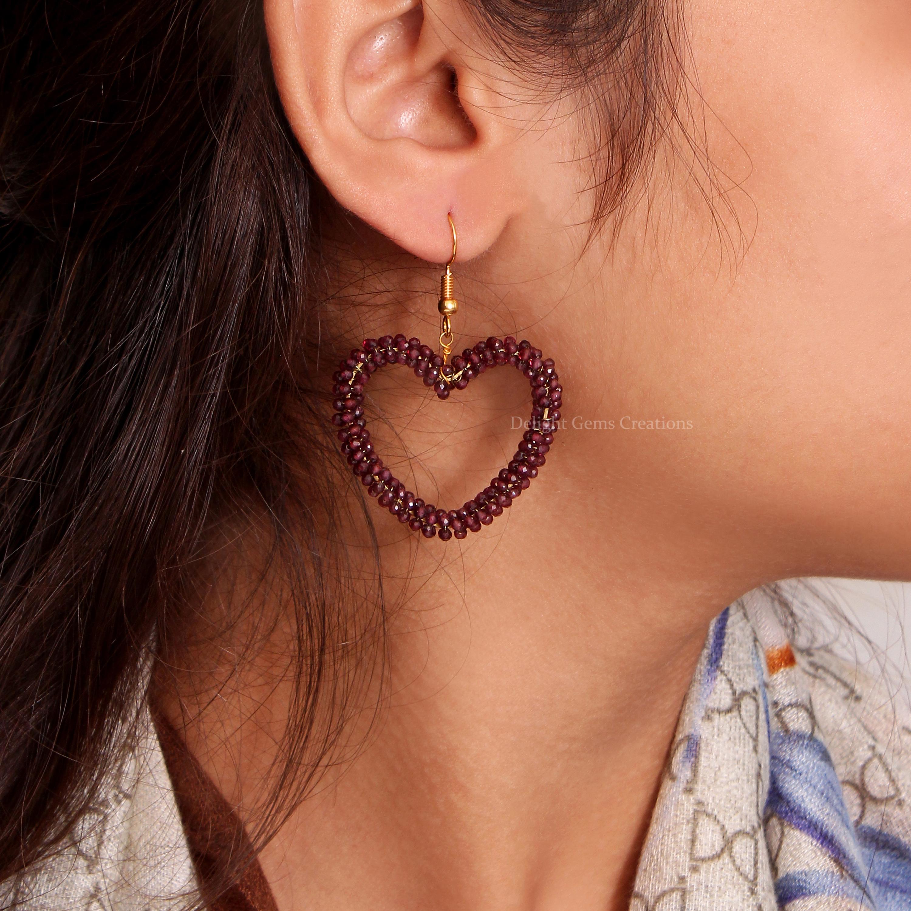 Garnet Heart Dangle Earrings, 925 Sterling Silver, Women's Gift
