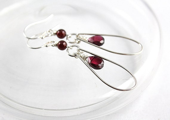 Garnet Hoop Earrings, Sterling Silver, Garnet Earrings, Sterling Silver Hoop Earrings, Silver Hoop Earrings, Gemstone Hoop Earrings, Yoga