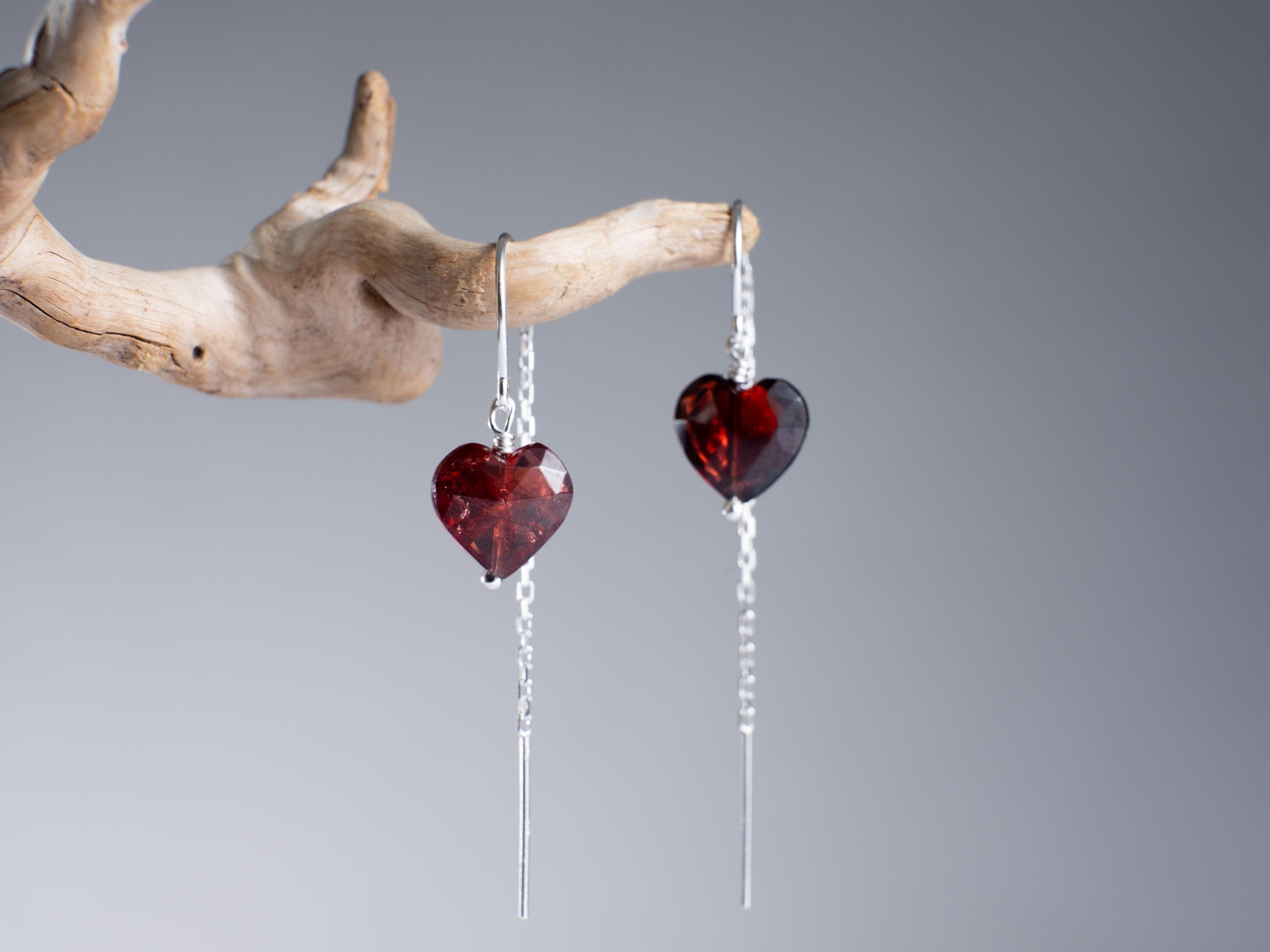 Mozambique Garnet Heart Earrings: 14k Gold-fill Threaders, January Birthstone