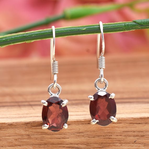 Natural Red Garnet Oval Cut Dangle Earrings, 925 Sterling Silver, January Birthstone