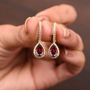 Pear Garnet Earrings Red Garnet Dangle Earring Women Leverback Halo Wedding Earing Bridal Jewelry