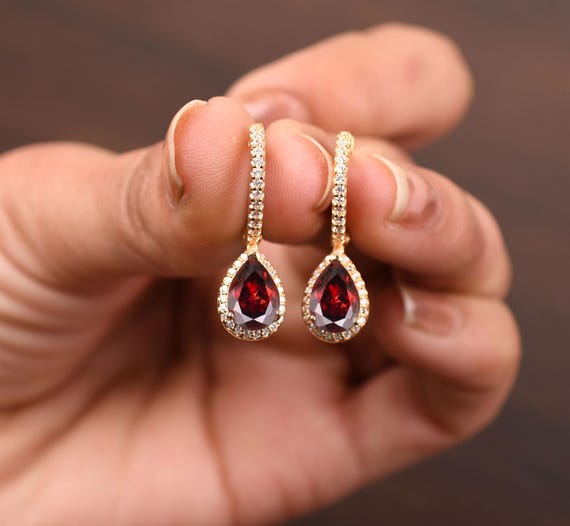 Pear Garnet Earrings Red Garnet Dangle Earring Women Leverback Halo Wedding Earing Bridal Jewelry