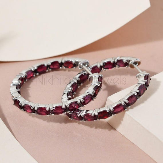 Purple Garnet Hoop Earrings: Platinum Over Sterling Silver, January Birthstone