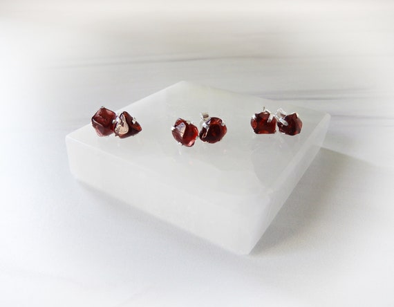 Raw Garnet Earrings, Sterling Silver Garnet Stud Earrings, Raw Garnet Jewelry, January Birthstone Stud Earrings, Gemstone Appeal, Gsa