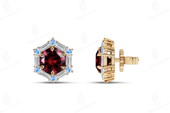Red Garnet Dainty Stud For Women 925 Silver Garnet Minimalist Studs Art Deco Garnet Statement Studs Unique Halo Studs Earrings Gift For Her