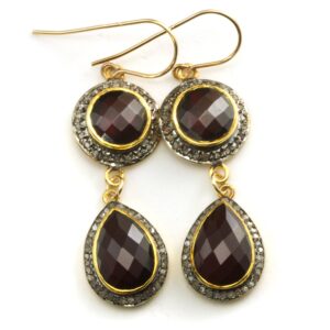 Red Garnet Earrings Double Hung Natural Pave Champagne Diamonds 14k Yellow Gold And Black Rhodium Plate 2 Inch Drops