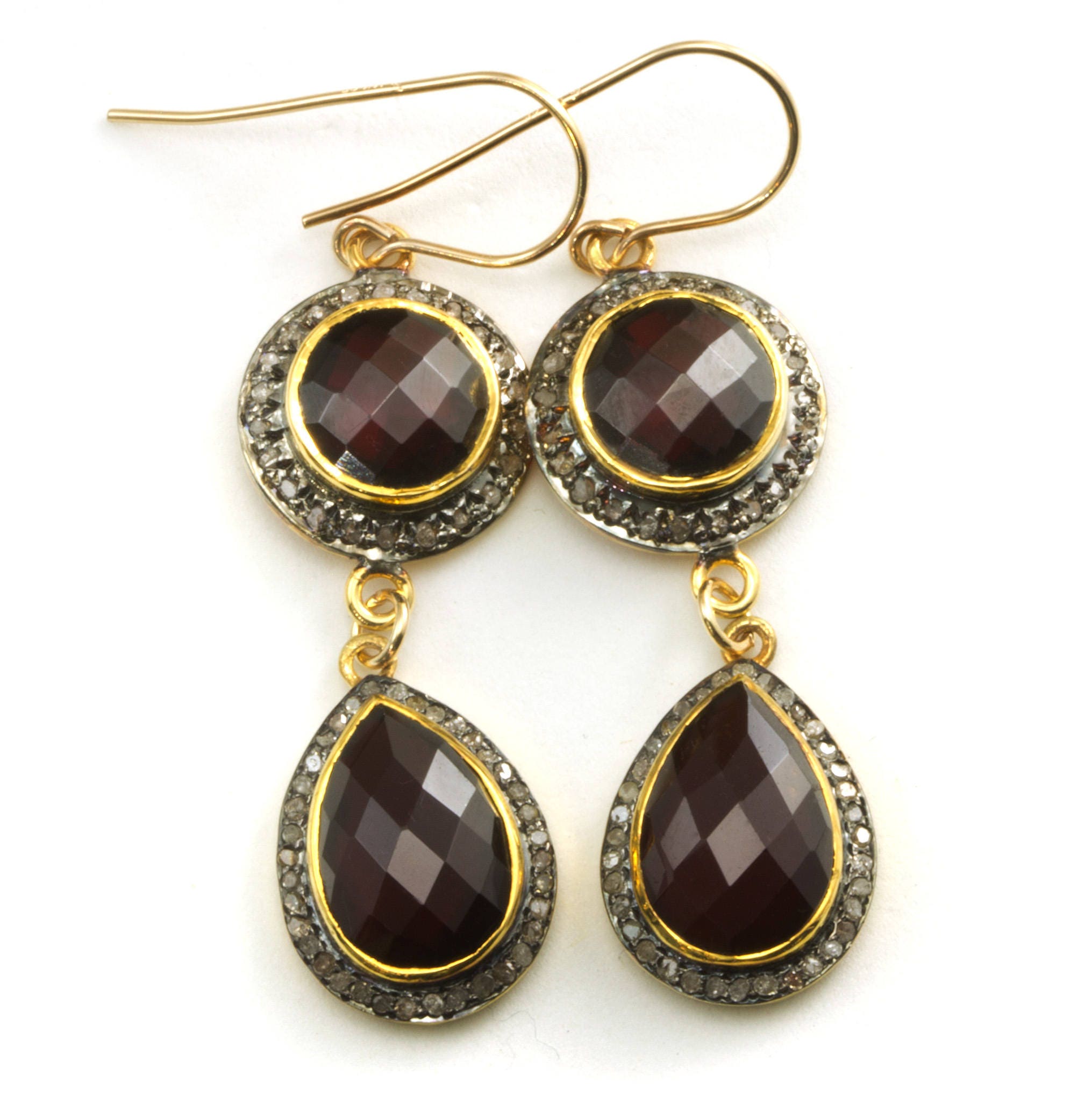 Red Garnet Earrings Double Hung Natural Pave Champagne Diamonds 14k Yellow Gold And Black Rhodium Plate 2 Inch Drops