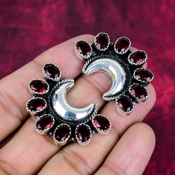 Red Garnet Moon Shape Stud Earrings, Handmade Silver Stud Earrings, 925 Sterling Silver Earrings, Red Garnet Women Stud Earring Gift