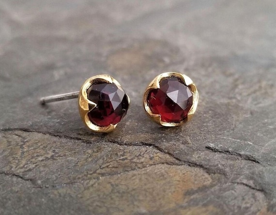 Garnet Rose Cut Cabochon Earrings In A Gold Or Silver Thorn Setting, January Birthstone, 6 Mm Red Faceted Genuine Gemstone