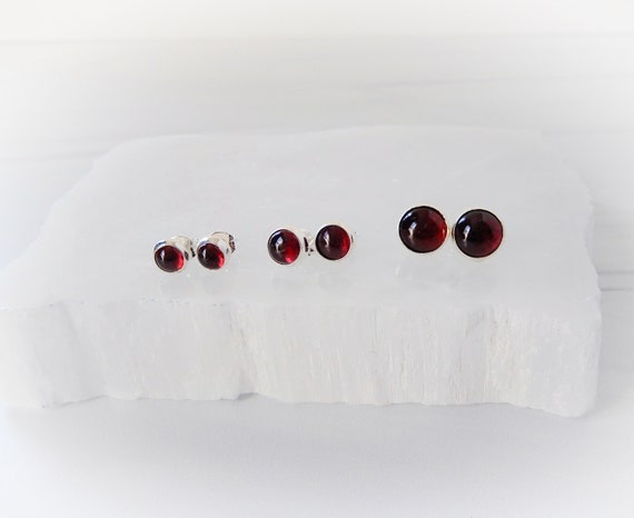 Garnet Earrings Sterling Silver Stud Earrings • Gemstone Stud Earrings • Minimalist Round Gemstone Stud Earrings • January Birthstone Studs