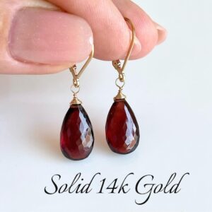 Garnet Teardrop Earrings, January Birthstone, Solid 14k Gold, Red Dangle drop in real gold, Minimalist Jewelry, Every day Earrings for women