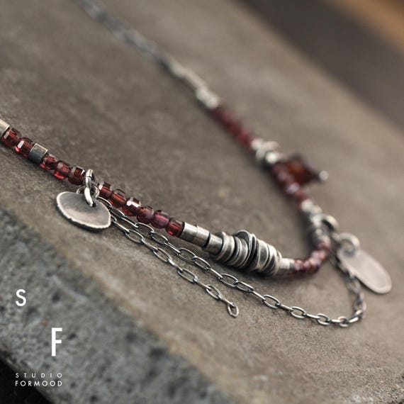 Garnet And Oxidized Sterling Silver Necklace: Delicate Handmade Jewelry