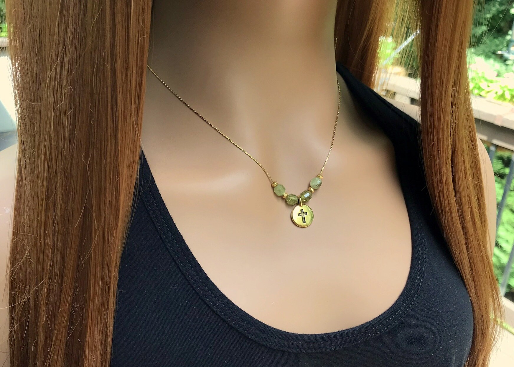 Dainty Cross Necklace With Green Garnet - Ideal Gift For Her