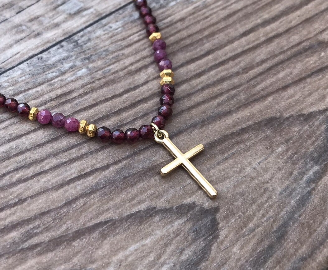 Elegant Cross Necklace Featuring Garnet - January Birthstone Gift For Her Elegant Cross Necklace Featuring Garnet - January Birthstone Gift For Her
