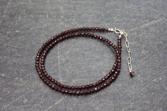 Faceted Garnet Beaded Necklace: 3mm Sterling Silver Choker