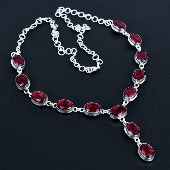 Faceted Mozambique Garnet Necklace: Handmade 925 Sterling Silver, Adjustable Chain