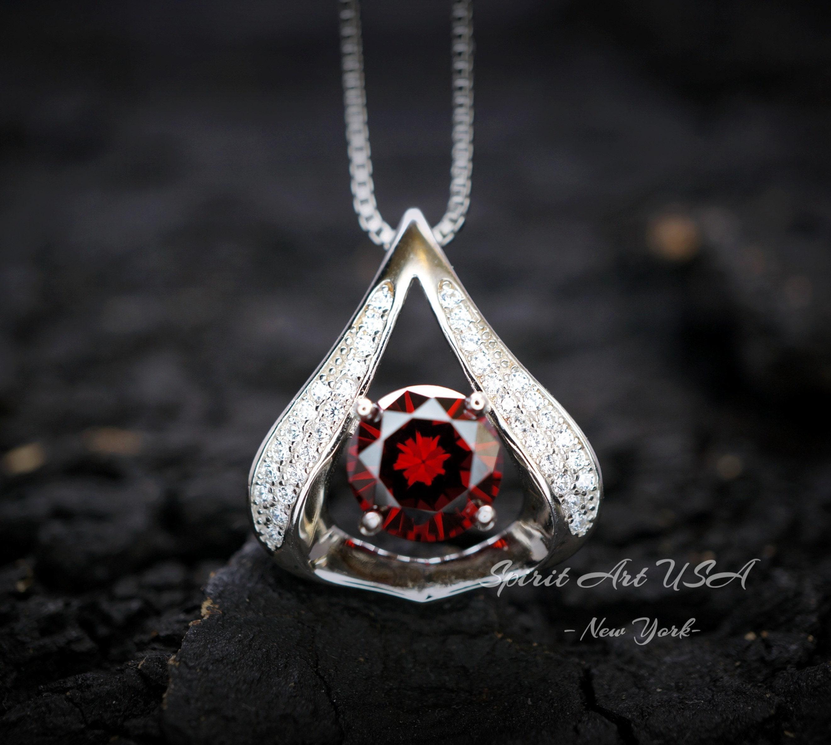 Gemstone Fat Triangle Garnet Necklace - 18kgp & Sterling Silver - 2 Ct Round Cut Deep Red Garnet Jewelry #582