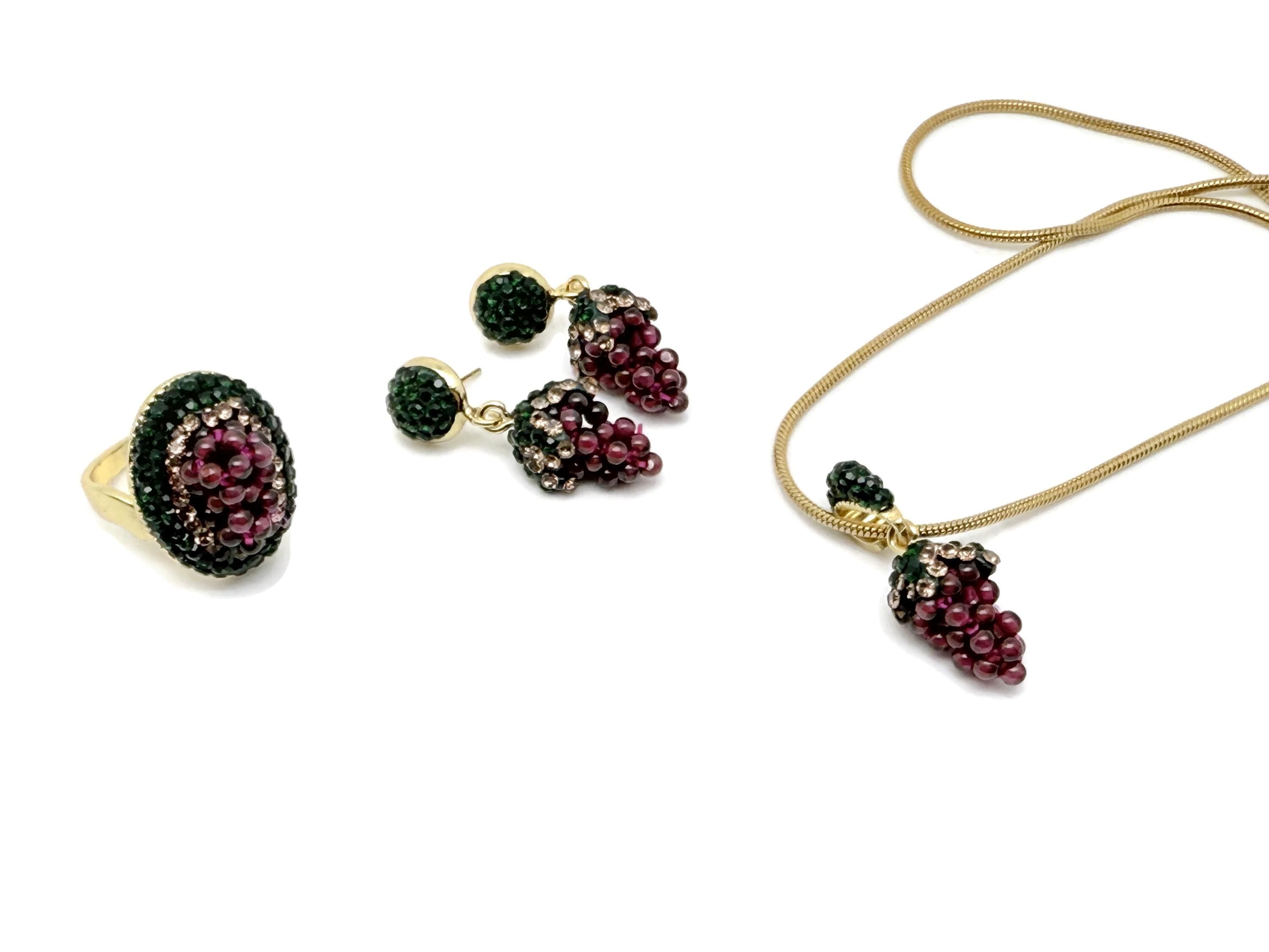 Garnet Grape Jewelry Set – Handmade Necklace, Earrings & Ring – Vintage-inspired Beaded Cluster Set - Crystal Gifts - Nc1794