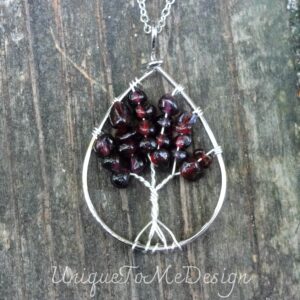 Handmade Red Garnet Tree Of Life Necklace, Sterling Silver Plated Wire