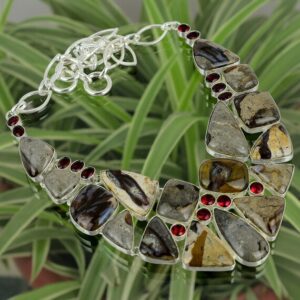 Handmade Rock Calci & Mozambique Garnet Necklace, 925 Sterling Silver