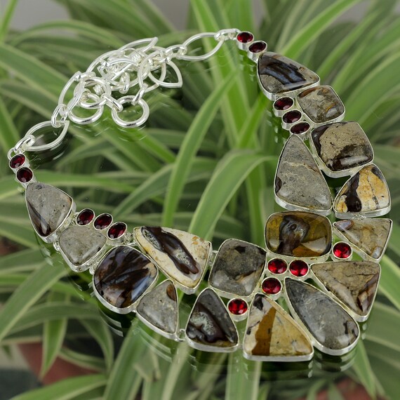 Handmade Rock Calci & Mozambique Garnet Necklace, 925 Sterling Silver