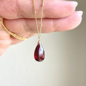 Garnet Necklace, January Birthstone, Dark Red Faceted Teardrop Layering Necklace on Satellite Chain Gold or Silver, Dainty Gift for her