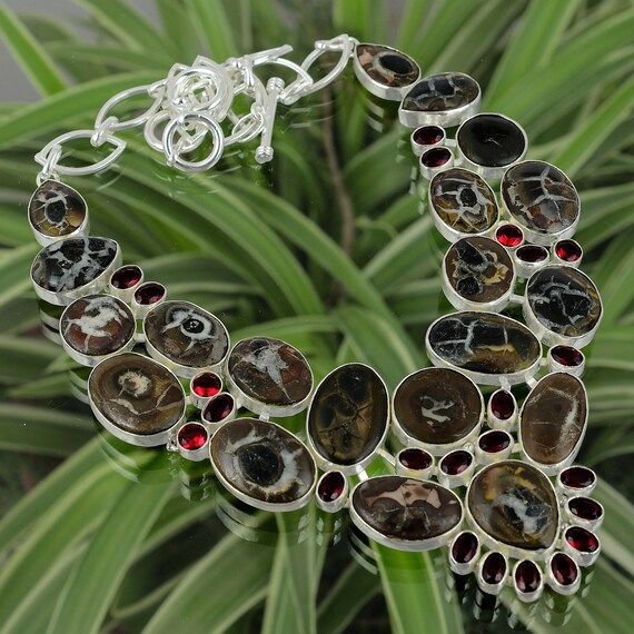 Moroccan Mud Crack Fossil Necklace, Mozambique Garnet, Sterling Silver
