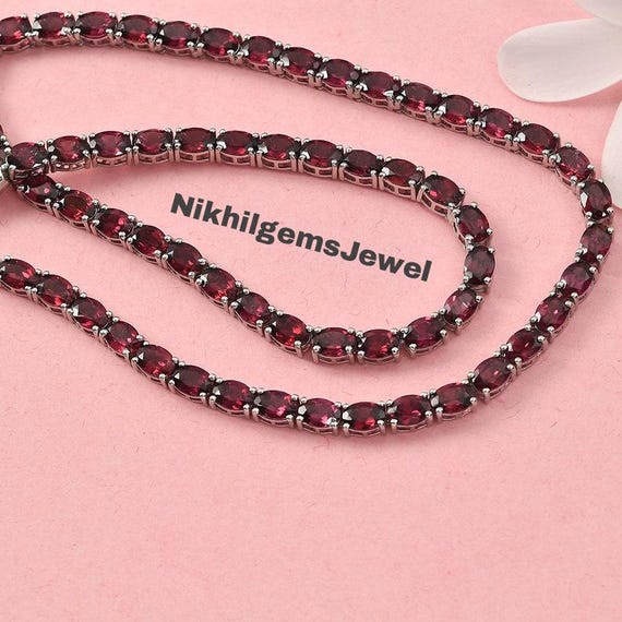 Purple Garnet Tennis Necklace: Platinum Plated Sterling Silver, January Birthstone