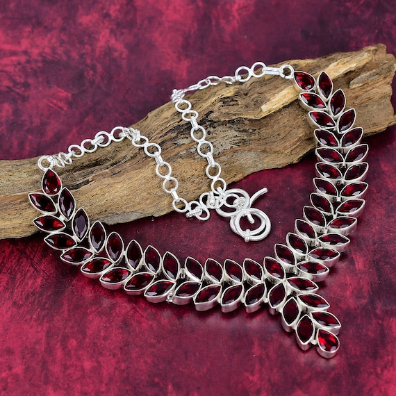 Red Garnet Gemstone Necklace Handmade Necklace 925 Sterling Silver Necklace Red Garnet Adjustable Chain Necklace Party Wear Gift