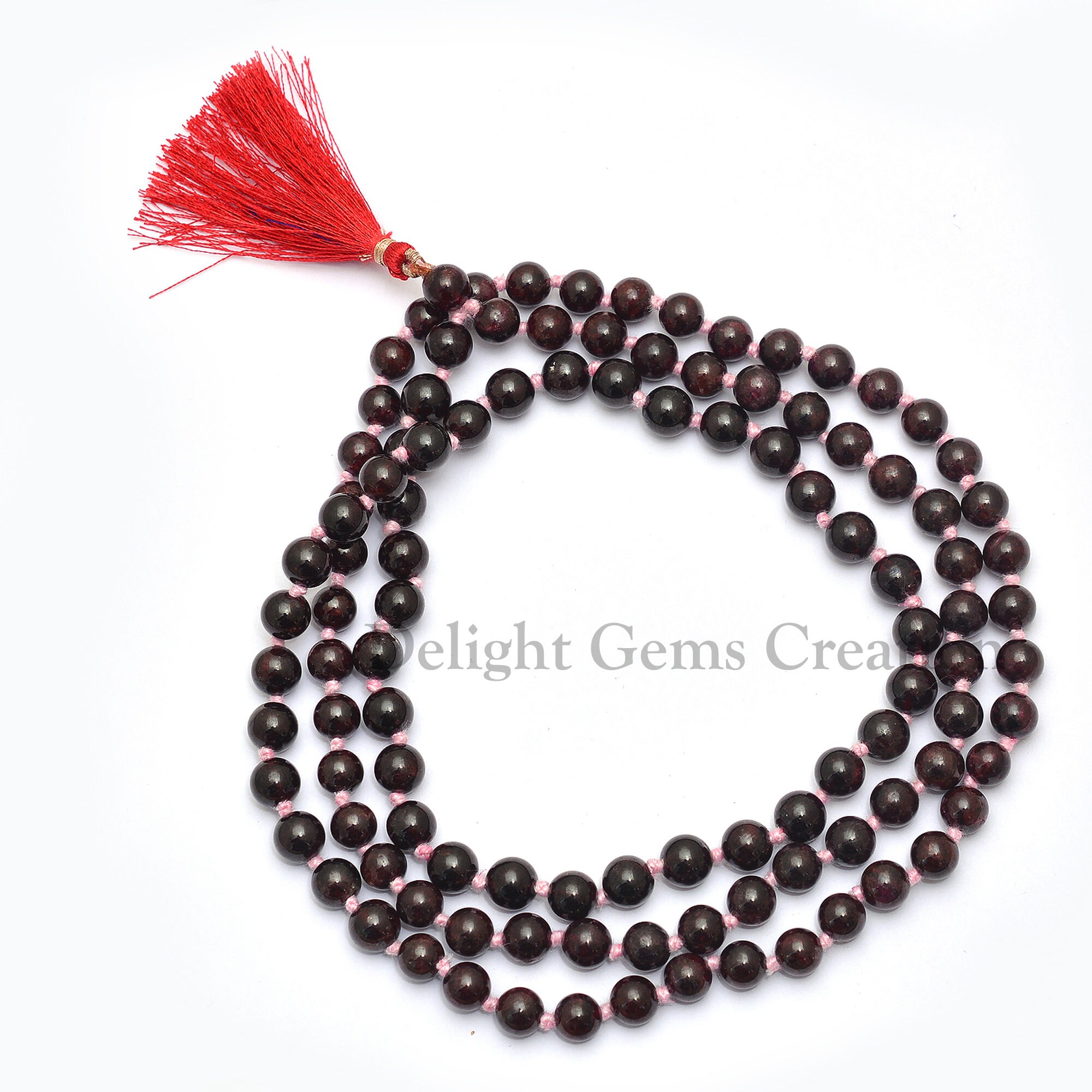 Red Garnet Mala Bead Necklace, 108 Prayer Beads, Tassel, Pink String