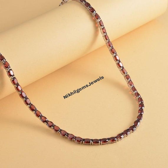 Red Garnet Tennis Necklace: Platinum Plated Sterling Silver, January Birthstone