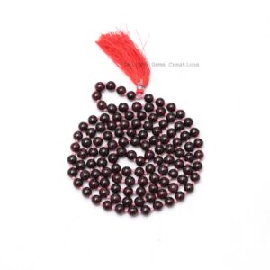 Rhodolite Garnet Mala Necklace, 108 Knotted Red Beads Tassel