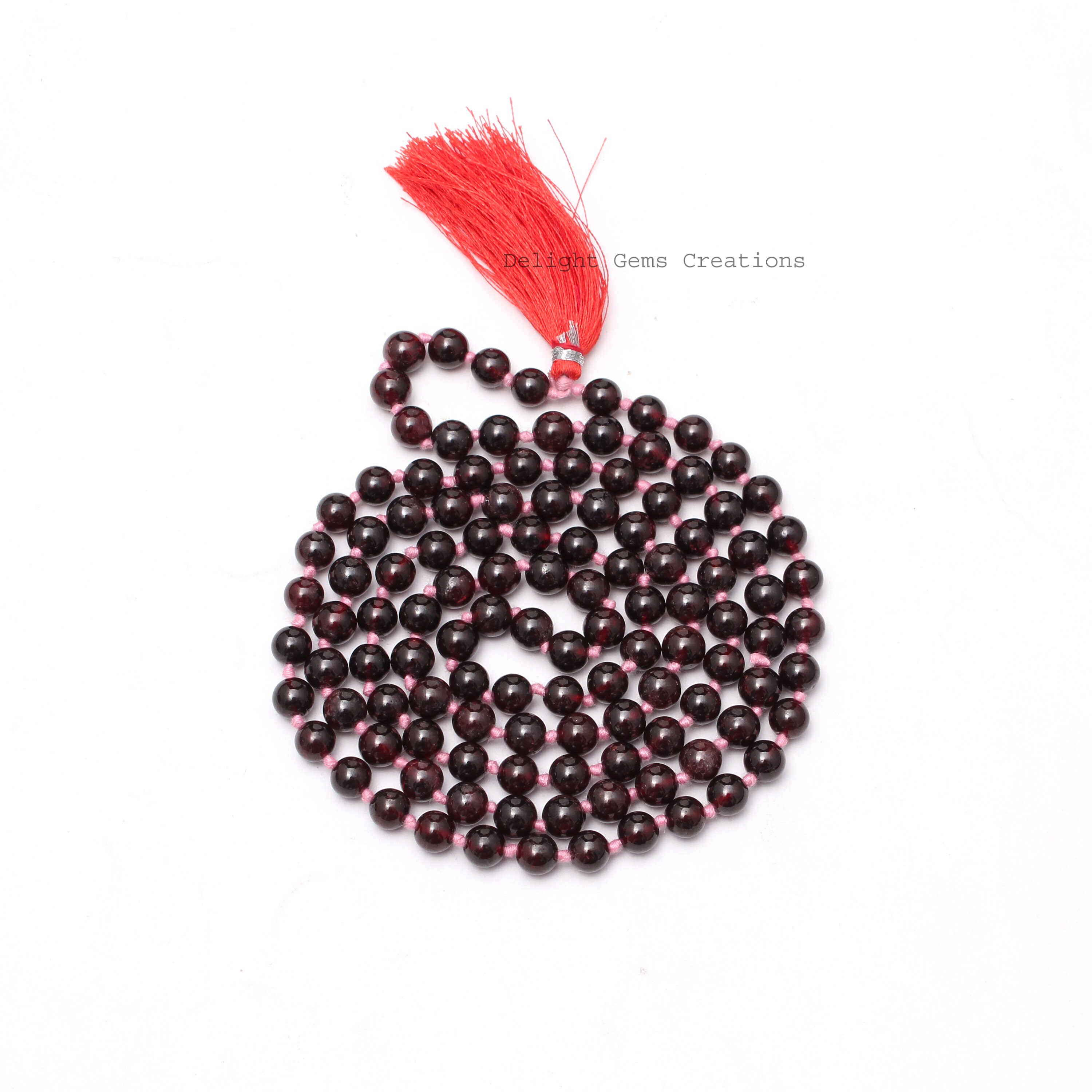 Rhodolite Garnet Mala Necklace, 108 Knotted Red Beads Tassel
