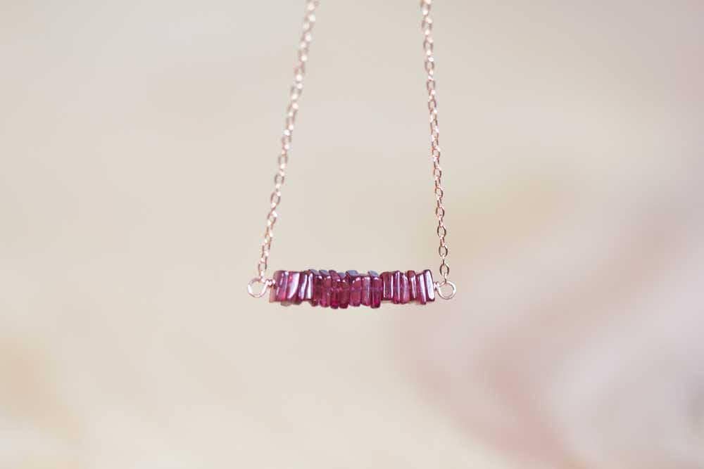 Square Garnet Bar Necklace On Rose Gold Filled, Oxidized Sterling Or Sterling Silver Chain, Delicate January Birthstone Jewelry
