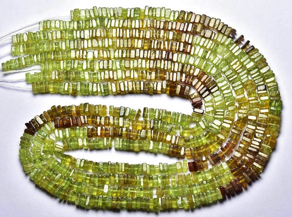 Grossular Garnet Square Heishi Beads - 16 Inches - Natural Beautiful Smooth Green Grossular Garnet Broilette - Size Is 4 - 4.5 Mm #2465