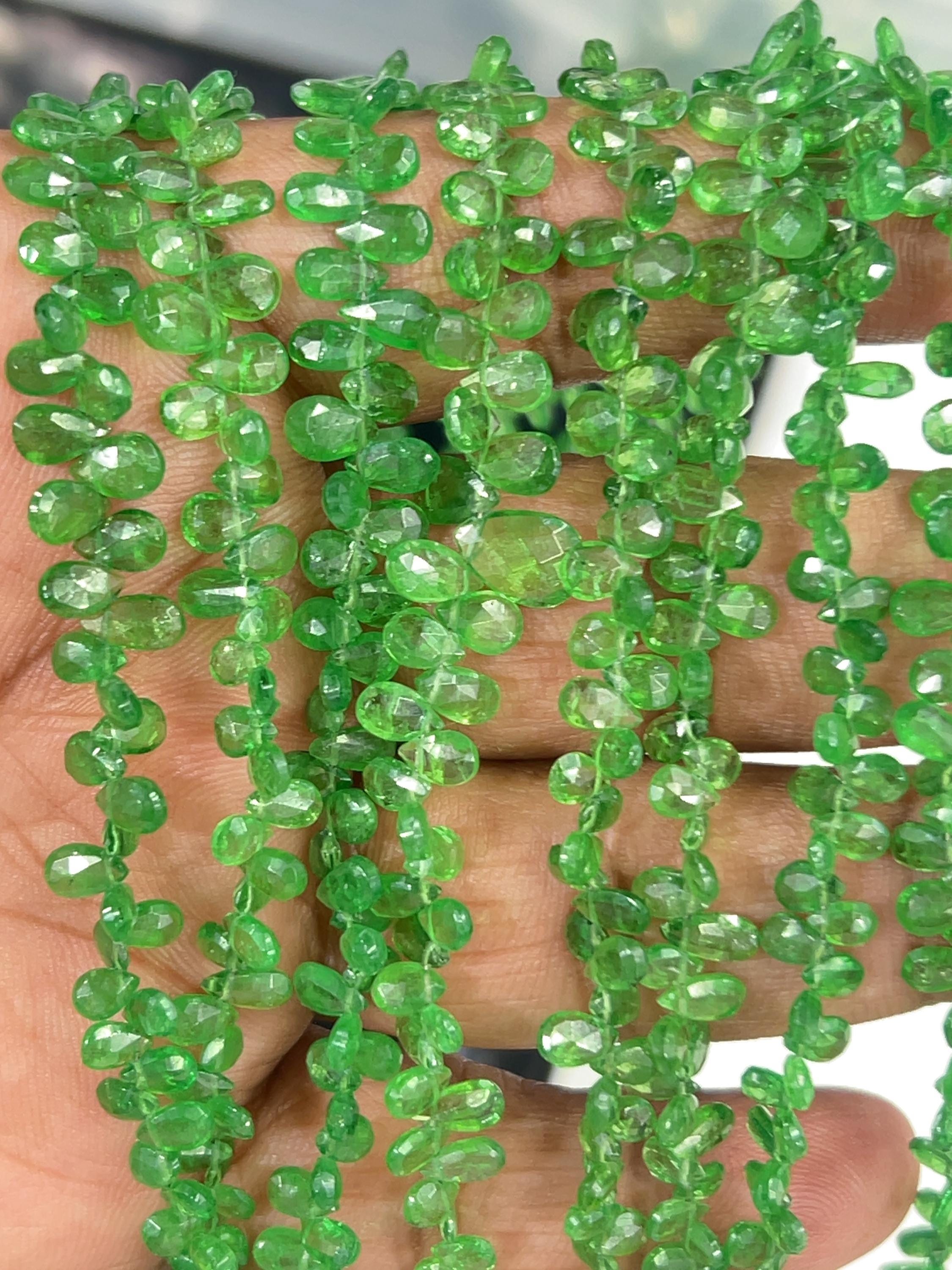 Tsavorite Green Garnet Briolette Beads – Faceted Drop Gemstone Strand (8 Inch)