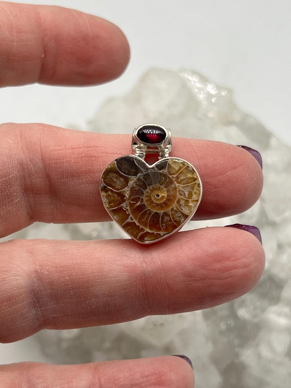 Ammonite And Garnet Heart Pendant