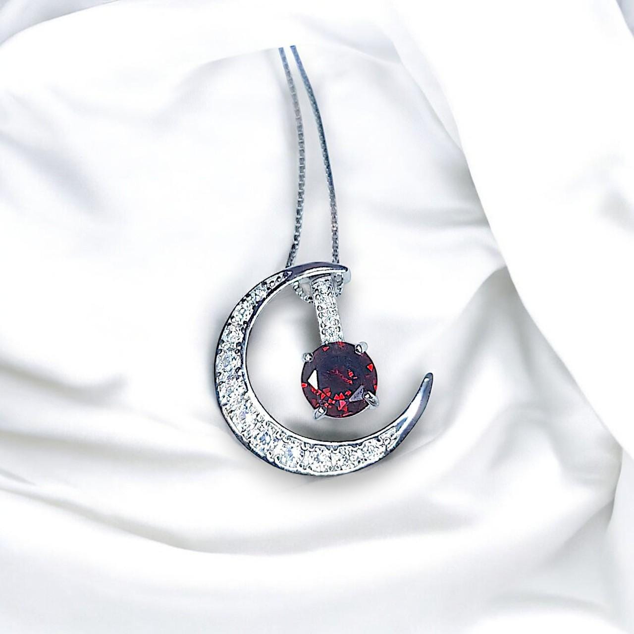 Crescent Moon Red Garnet Necklace Full 925 Sterling Silver Two Pendant One Necklace January Birthstone Chain #1122