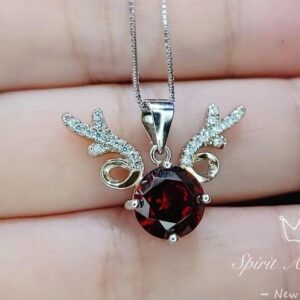 Deer Antler Garnet Necklace - Sterling Silver 8mm Round Cut 2 Ct Garnet Pendant - January Birthstone #341