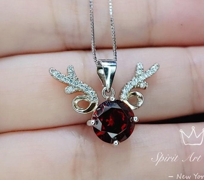 Deer Antler Garnet Necklace - Sterling Silver 8mm Round Cut 2 Ct Garnet Pendant - January Birthstone #341 Deer Antler Garnet Necklace - Sterling Silver 8mm Round Cut 2 Ct Garnet Pendant - January Birthstone #341