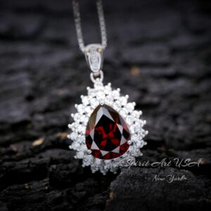 Double Halo Teardrop Garnet Necklace - 18kgp Sterling Silver - 2.75 Ct Large Deep Red Garnet Pendant - Gemstone Pear Jewelry #684