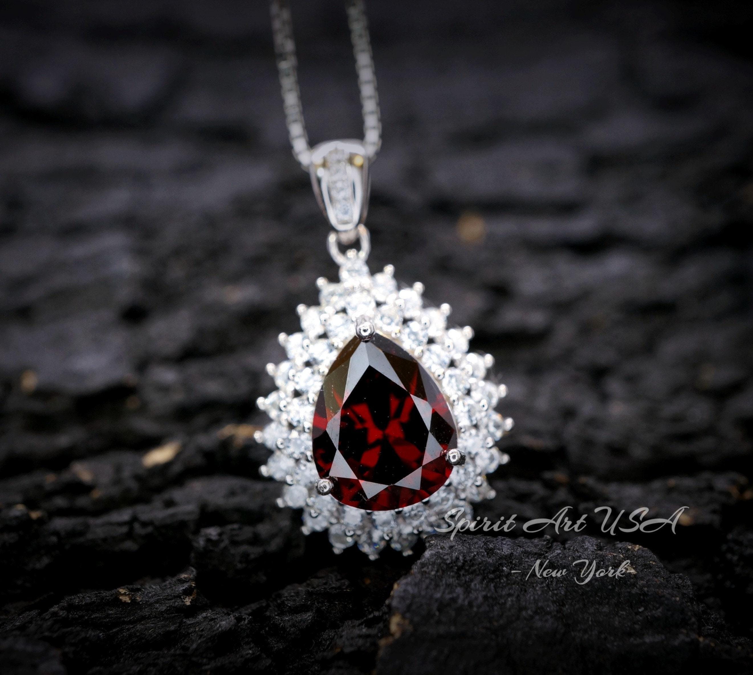 Double Halo Teardrop Garnet Necklace - 18kgp Sterling Silver - 2.75 Ct Large Deep Red Garnet Pendant - Gemstone Pear Jewelry #684