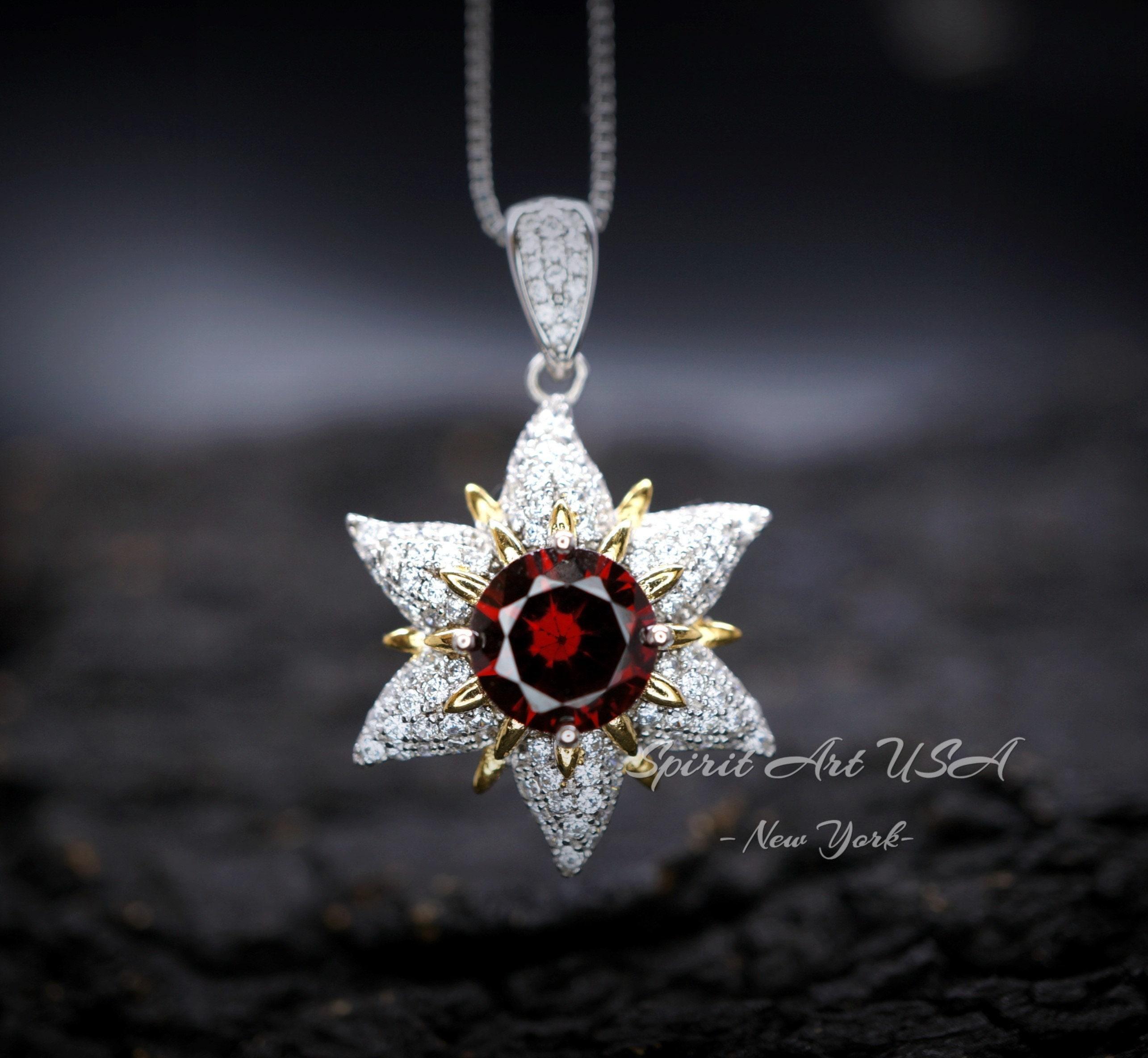 Gemstone Star Red Garnet Necklace - 18kgp Sterling Silver - 6 Point Star Garnet Pendant - 2ct Hexagram Red Garnet Jewelry #876